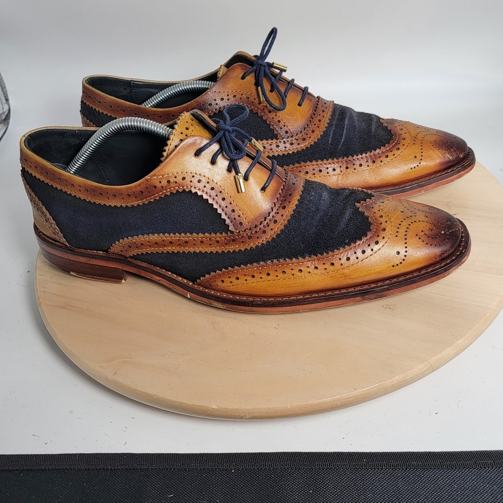 Lethato Wing Tip Oxford Brogue Shoes Men 11.5-12 Brown Leather Navy Blue Suede